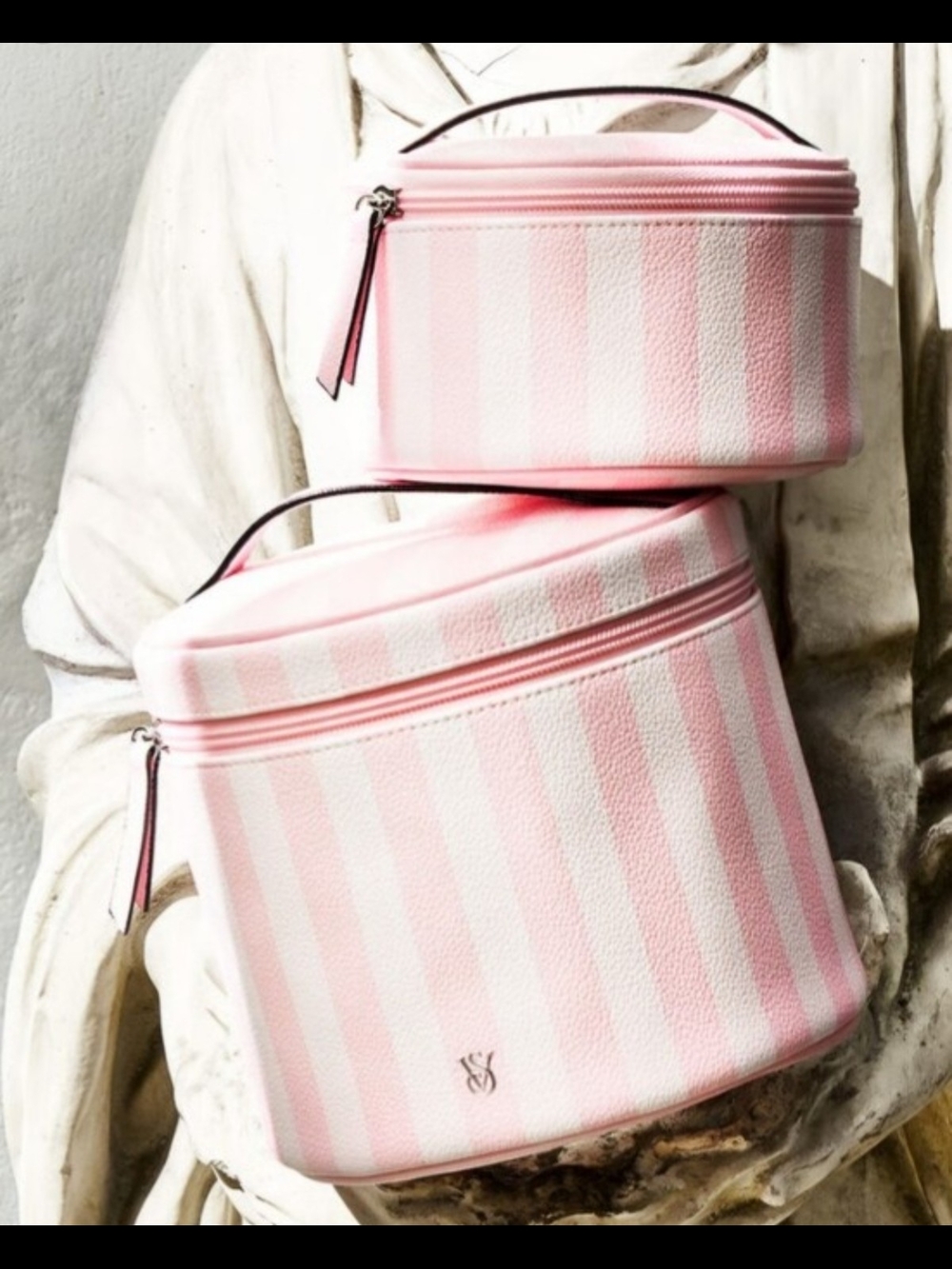 Victoria's Secret Striped Pink Travel Cosmetic Case with Top Handle - 2 Pack!